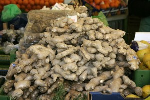 Fresh ginger root on sale at a market